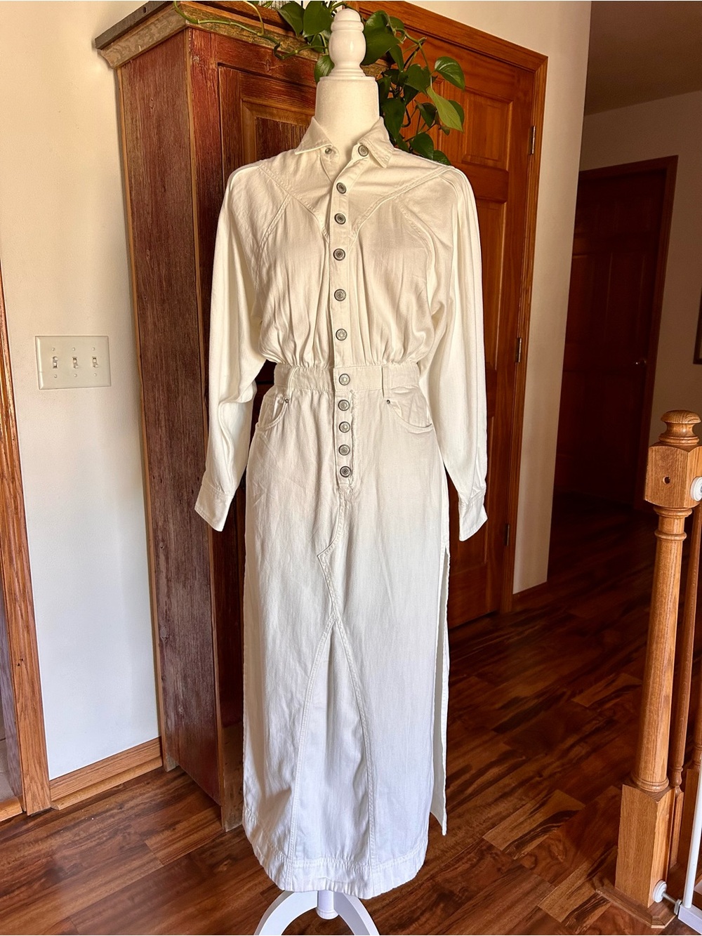 Free People White Light Weight Denim Button-Front Maxi/Midi Dress